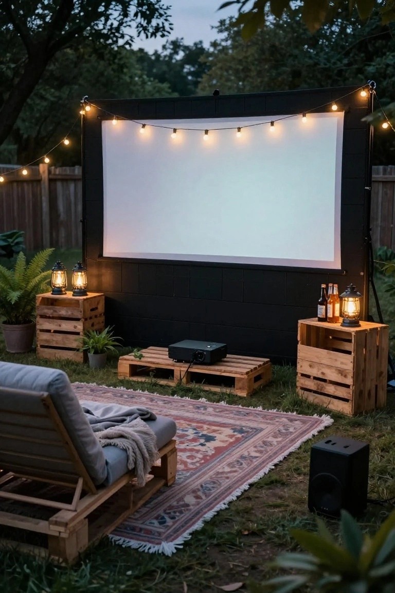 Backyard setup with projector screen against black frame, projector on wooden pallet platform, pallet lounger chair with blanket on rug, wooden crates with lanterns and plants, string lights, and potted greenery.