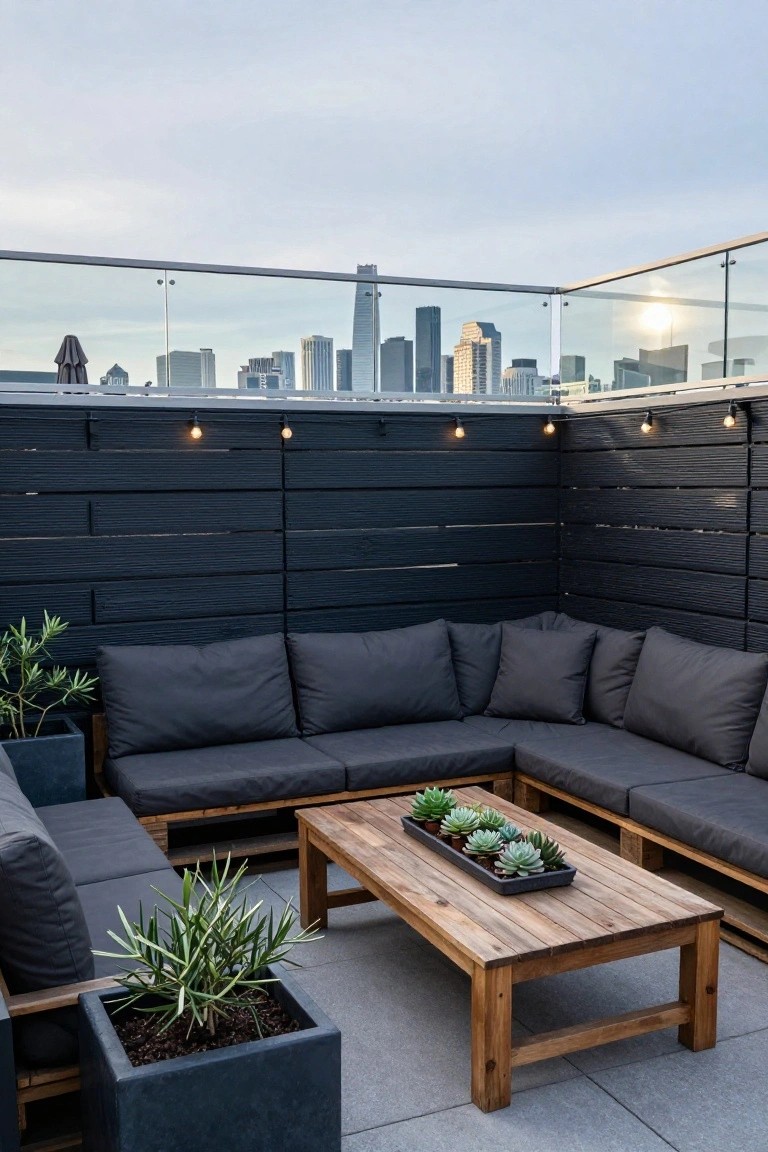 Rooftop terrace featuring black slatted wooden privacy fences, L-shaped gray outdoor sofa on pallet base, wooden coffee table with succulents, potted plants, string lights, glass railings, and city skyline view at sunset.