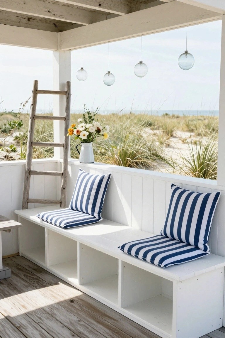 White wooden bench with open storage cubbies underneath and blue striped cushions and pillows on an outdoor porch, with a leaning wooden ladder, metal bucket of flowers, and glass orb pendant lights overlooking beach dunes and sea.