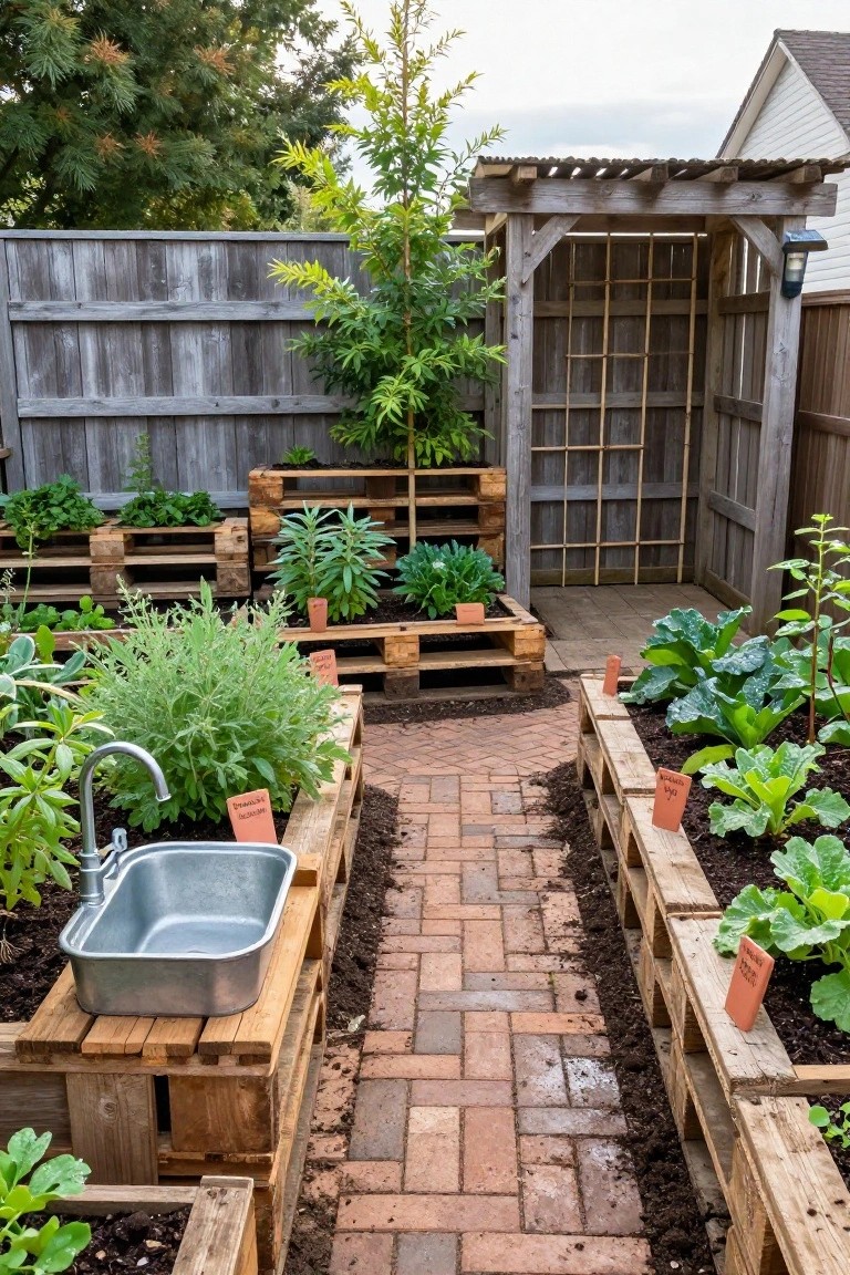 Backyard garden featuring raised planting beds constructed from stacked wooden pallets along a brick pathway, with vegetables like kale and pak choi, a metal utility sink on one bed, wooden fencing, and an arbor structure.