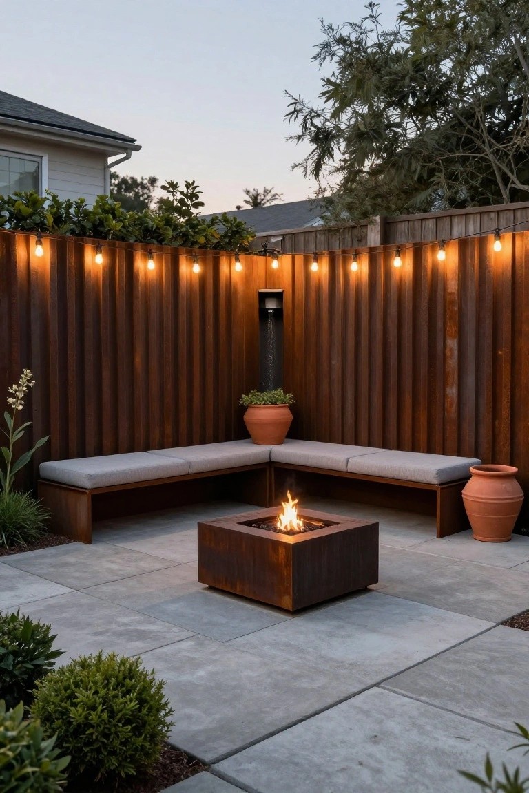 Outdoor patio at dusk with L-shaped wooden bench, square corten steel fire pit, tall vertical slat wooden fence strung with lights, terracotta pots, and greenery.
