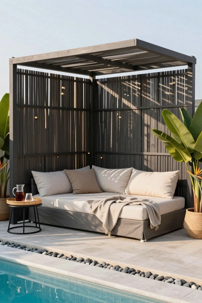 Gray slatted wooden pergola enclosing a beige daybed with pillows and throw blanket beside a turquoise pool, with potted banana plants, rattan tray table holding drinks, and pebble edging on a light stone patio.