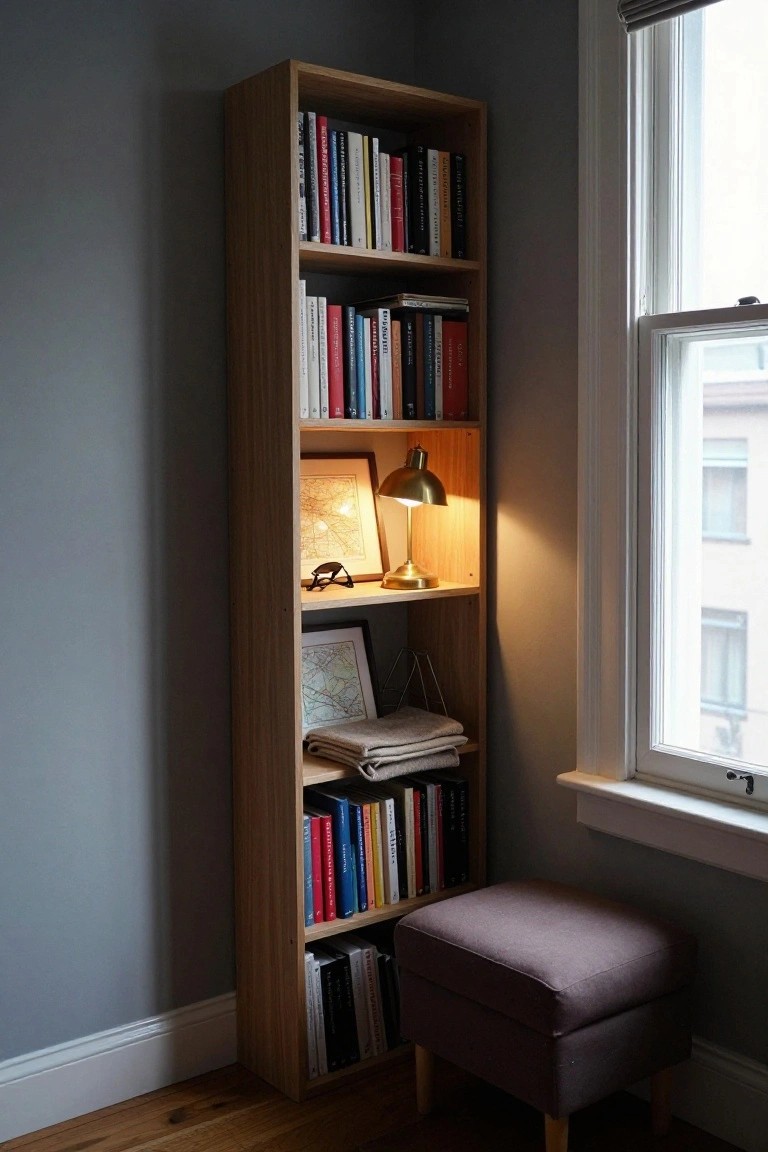 Tall wooden bookshelf in gray room corner stocked with colorful books, brass lamp lit beside framed maps and artwork, folded tan blankets on lower shelf, purple ottoman footstool at base, hardwood floor, and tall window with blinds.