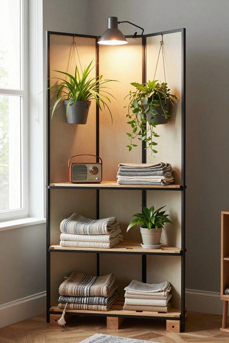 Black metal-framed wooden shelving unit in a room corner with folded blankets, a brown retro radio, potted and hanging plants, and a lit pendant lamp, next to a window.