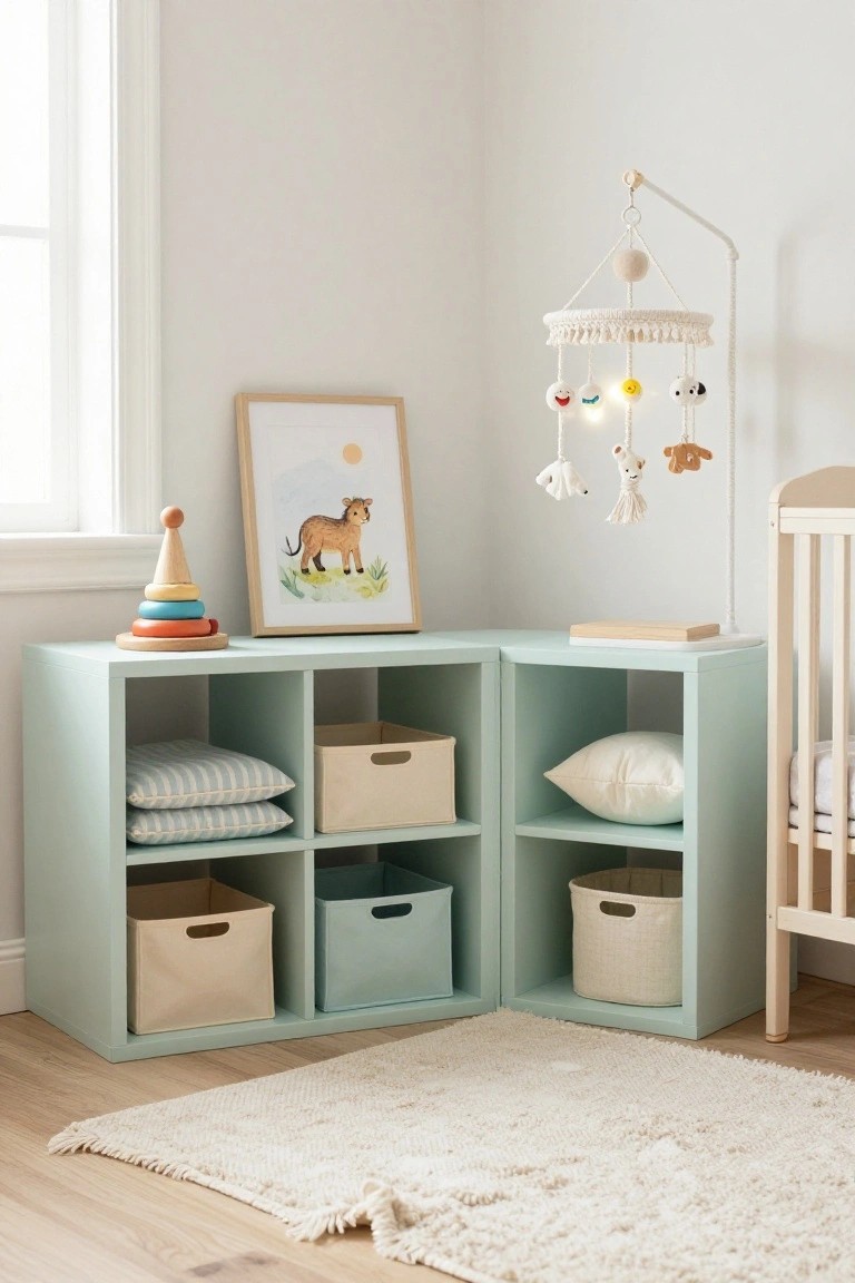Mint green cube shelving units in a nursery corner filled with beige fabric bins, pillows, and toys, positioned next to a wooden crib with a hanging mobile and framed animal artwork nearby.