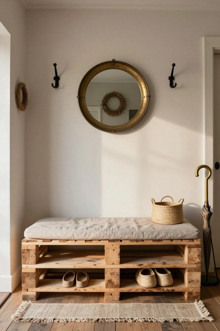 A wooden pallet bench with beige cushion sits in a light beige entryway, shoes stored in the open shelves below, next to a wicker basket and brass umbrella stand, with a gold porthole mirror and wall hooks on white walls.