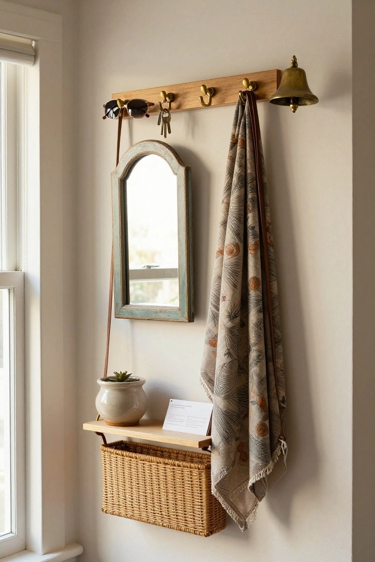 Wooden wall rack with brass hooks holding sunglasses and keys, a draped scarf nearby, small arched mirror, shelf with potted succulent and note card plus woven basket below, beside a window in a white room.