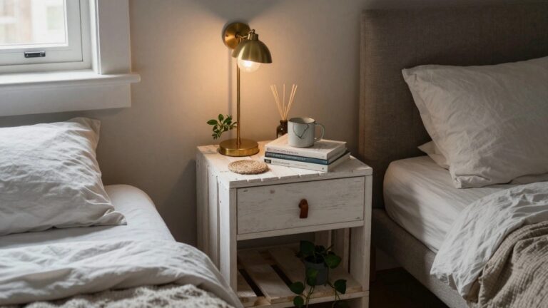 Light wooden nightstand with drawer, books, mug, incense sticks, and potted trailing plant on lower shelf, positioned beside a beige upholstered bed with white linens in a pale bedroom.
