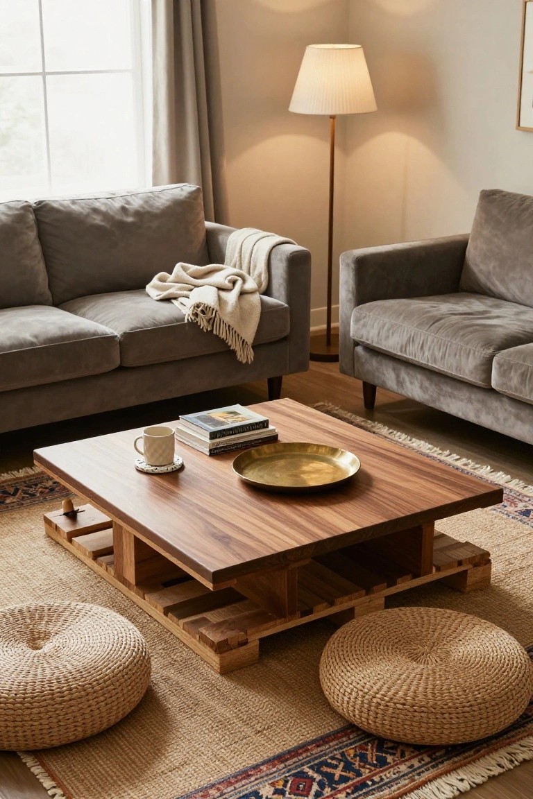 A living room with two gray velvet sofas, a square wooden coffee table made from pallets with shelves underneath, a brass tray and teacup on top, woven floor poufs, and a patterned rug on a hardwood floor.