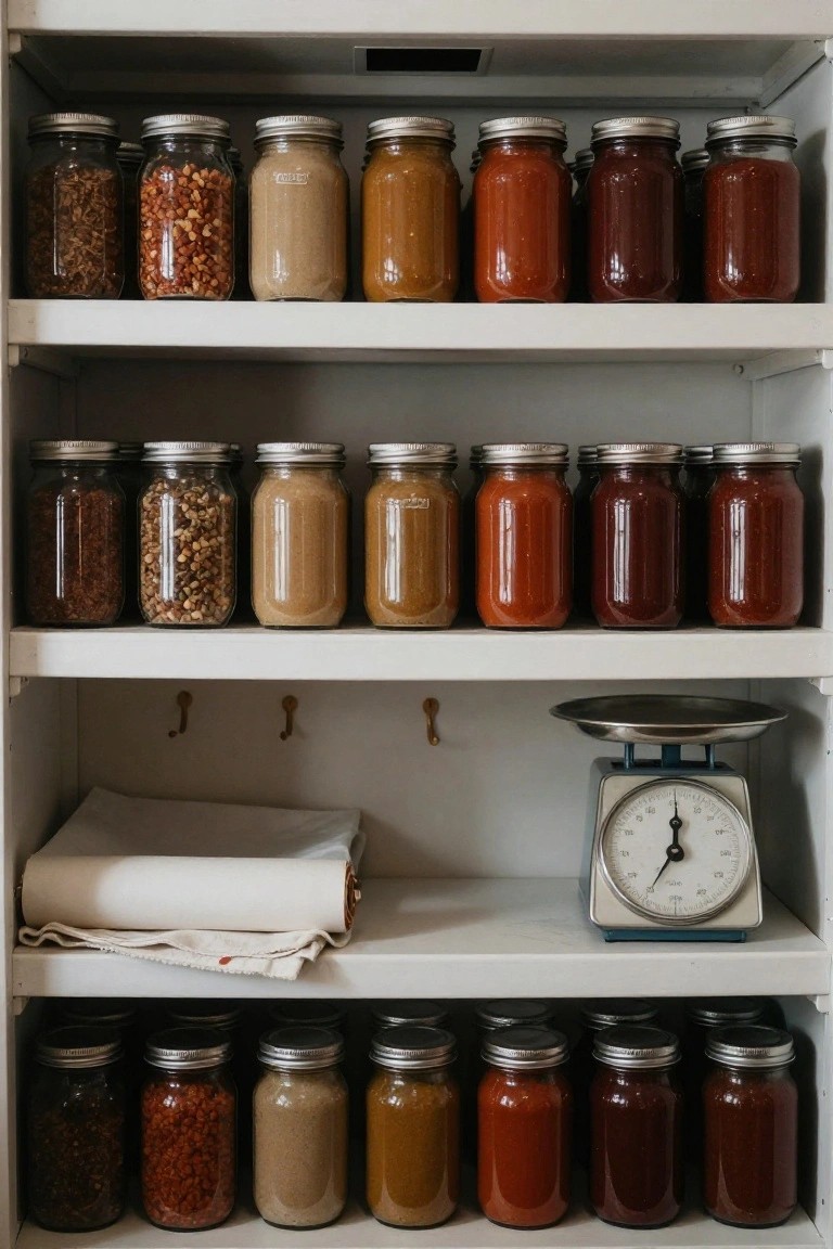 Open white pantry shelves lined with mason jars containing spices, grains, beans, pastes, and red tomato sauces, a blue kitchen scale, and a folded white cloth on the middle shelf.
