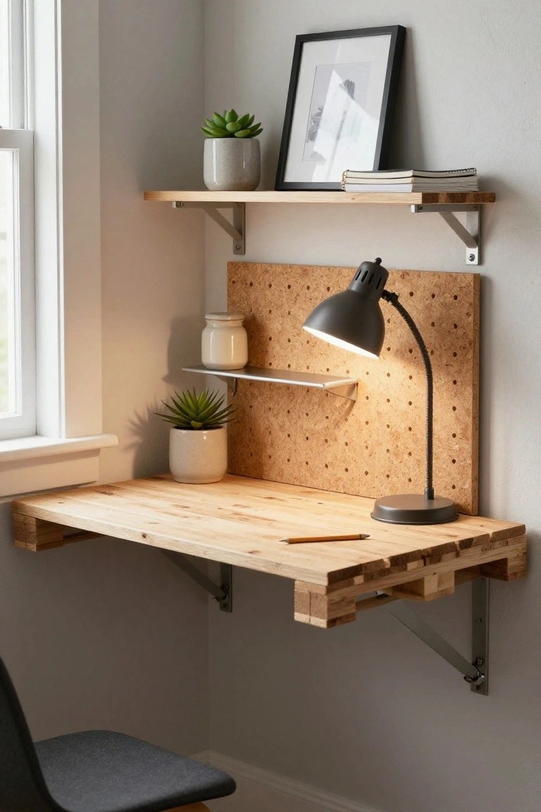Corner wall-mounted desk made from light-colored pallet wood planks supported by metal brackets, with upper floating shelves holding plants and books, a corkboard panel behind with a gooseneck lamp, and a gray fabric chair below in a light gray room with a window.