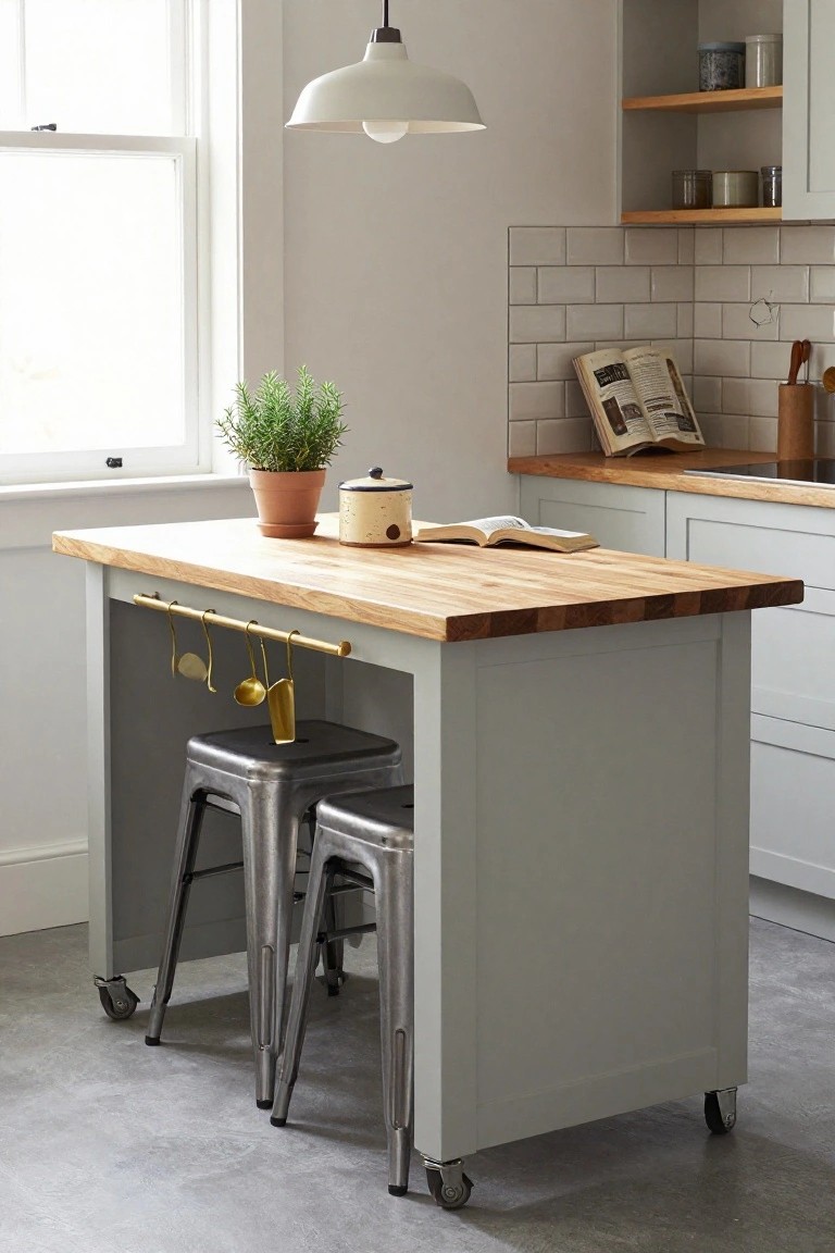 Compact kitchen island with light wood butcher block top on a grey base with wheels and hanging gold utensils, two metal stools underneath, potted rosemary plant, and open shelving in a bright white kitchen.