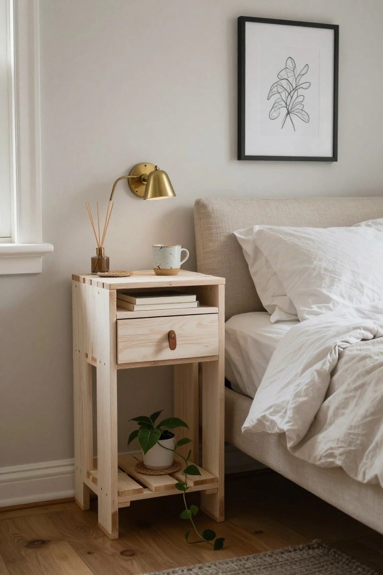 Light wooden nightstand with drawer, books, mug, incense sticks, and potted trailing plant on lower shelf, positioned beside a beige upholstered bed with white linens in a pale bedroom.