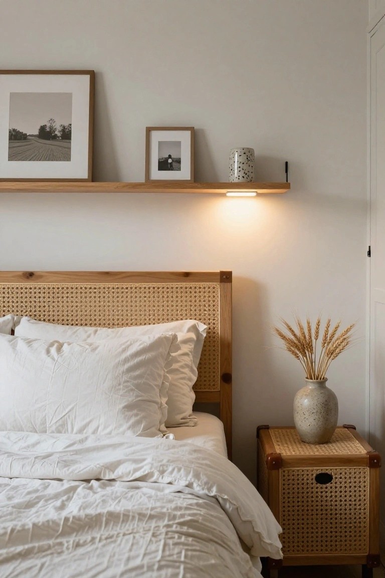 A cozy bedroom corner with a wooden cane headboard, white bedding on the bed, a matching cane nightstand holding a vase of wheat stalks, and a floating wooden shelf above displaying framed photos and a ceramic mug, illuminated by an under-shelf light against a light gray wall.