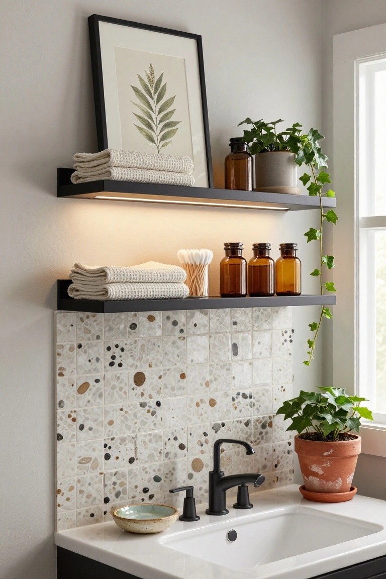 Bathroom corner with white sink, black faucet, speckled white and gray backsplash, two floating black shelves holding folded white towels, amber glass jars, cotton swabs, potted ivy plants, and integrated under-shelf lighting next to a window.