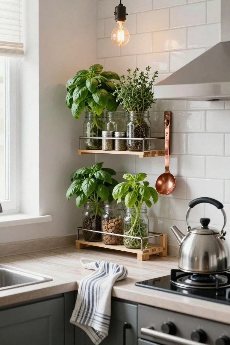 Kitchen corner with two wooden wall shelves holding glass jars of growing herbs like basil and beans, spices, nuts, and a copper ladle nearby, above a sink and near a stove.