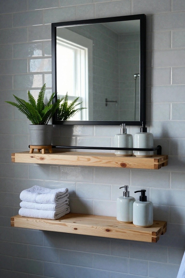 Gray subway tile bathroom wall with black-framed rectangular mirror, two unfinished pine floating shelves holding stacked white towels, white ceramic dispensers, and potted green fern.
