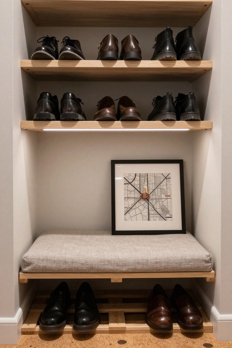 Open wooden cabinet with four oak shelves holding various pairs of black dress shoes and boots, a central cushioned bench, pallet wood base and lower shoe rack, and a framed black-and-white city map inside.