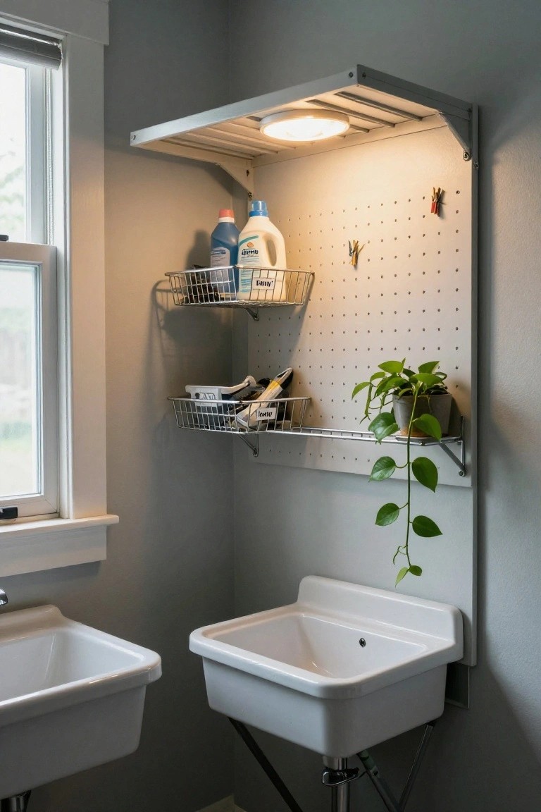 Small indoor laundry area with two white porcelain utility sinks on metal stands, overhead white slatted shelf with wire baskets holding laundry detergents and supplies, pegboard wall with hanging clips and a potted trailing plant, gray walls and warm overhead light.