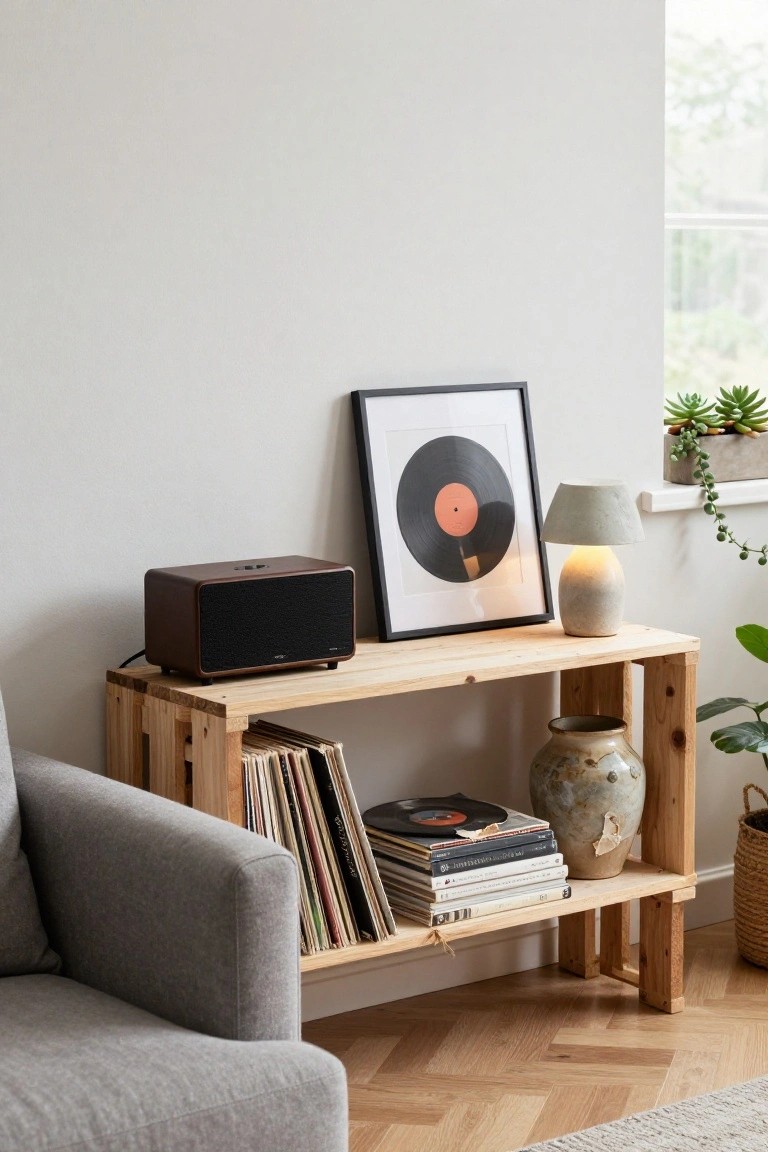 Wooden pallet shelving unit against a wall in a living room, holding stacked vinyl records, books, a ceramic vase, and a brown fabric-covered speaker on top, positioned next to a gray upholstered armchair.