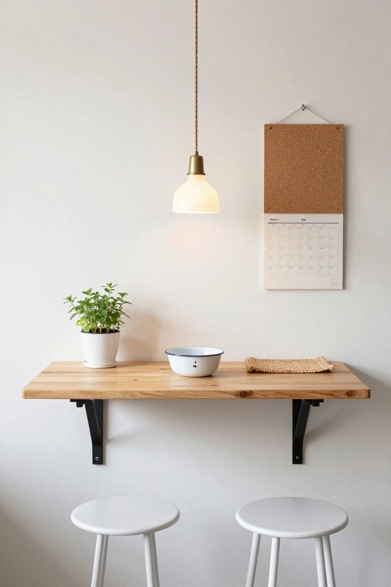 White wall with wooden floating shelf holding blue bowl and white potted plant on woven mat, cork calendar above, pendant light hanging, and two white stools below.