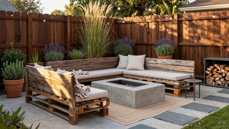19 Stunning Pallet Fence Ideas You’ll Wish You Tried Sooner Wooden slat fence backed by tall pampas grasses enclosing a patio with wooden bench, concrete fire pit table, pallet wood side table stacked with firewood, potted lavender, outdoor rug on slate pavers, and string lights overhead.