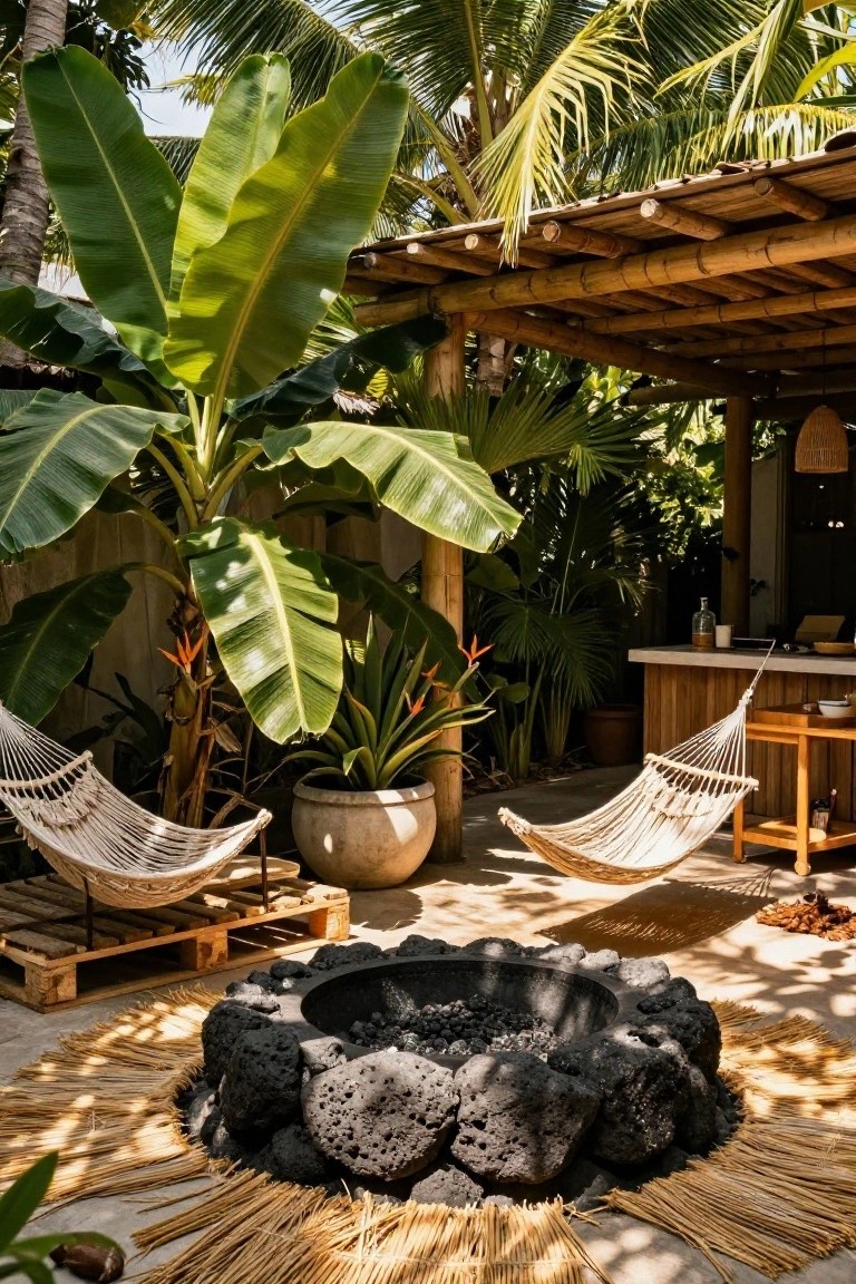 Tropical outdoor patio with white rope hammocks on wooden pallet platforms near a circular black lava rock fire pit, surrounded by large banana plants, palms, hanging lanterns, and a bamboo-roofed bar area.
