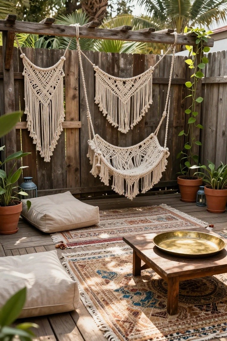 Rustic horizontal wooden slat fence along a deck with hanging white macrame pieces, macrame hammock swing, floor cushions, patterned rugs, potted plants, lanterns, and low wooden table holding a brass tray.