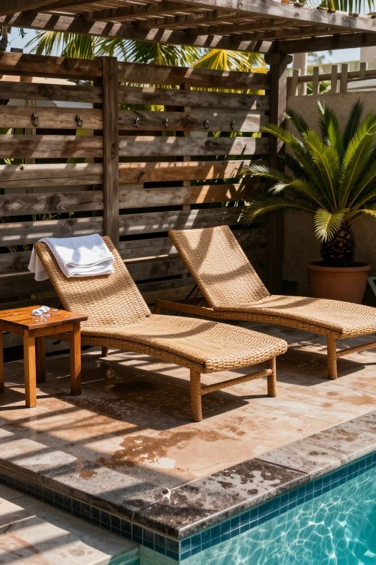 Two rattan lounge chairs with white towels on a poolside deck, next to a small wooden table, screened by a weathered horizontal pallet wood fence under a pergola with palm plants and a turquoise pool edge.