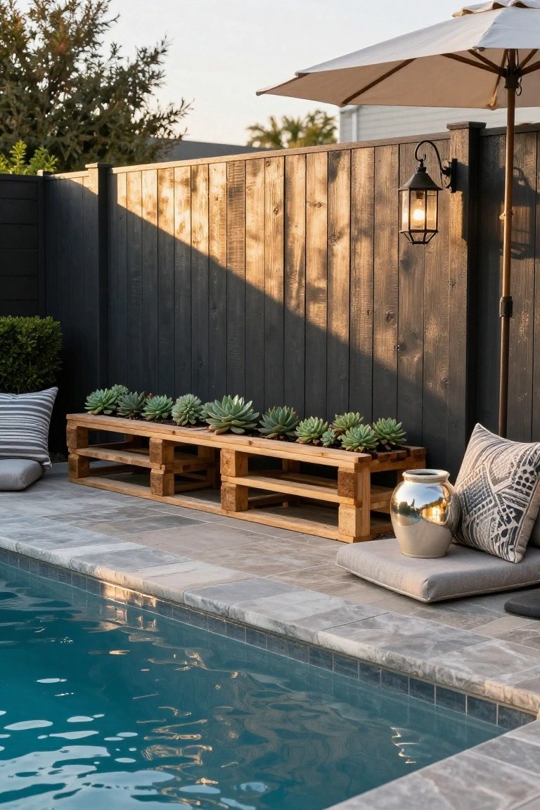 Wooden pallet bench planter filled with multiple succulents positioned along a dark wooden fence next to a pool, with floor pillows, a beach umbrella, wall lantern, boxwood shrubs, and a large silver pot nearby.