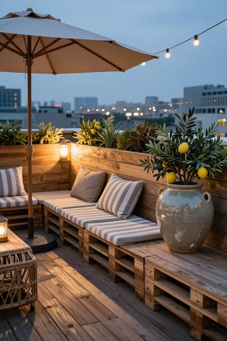 Rooftop terrace at dusk with stacked wooden pallet benches topped by striped cushions, adjacent raised wooden planters holding potted lemon trees, a beige umbrella, lanterns, string lights, and distant city buildings.