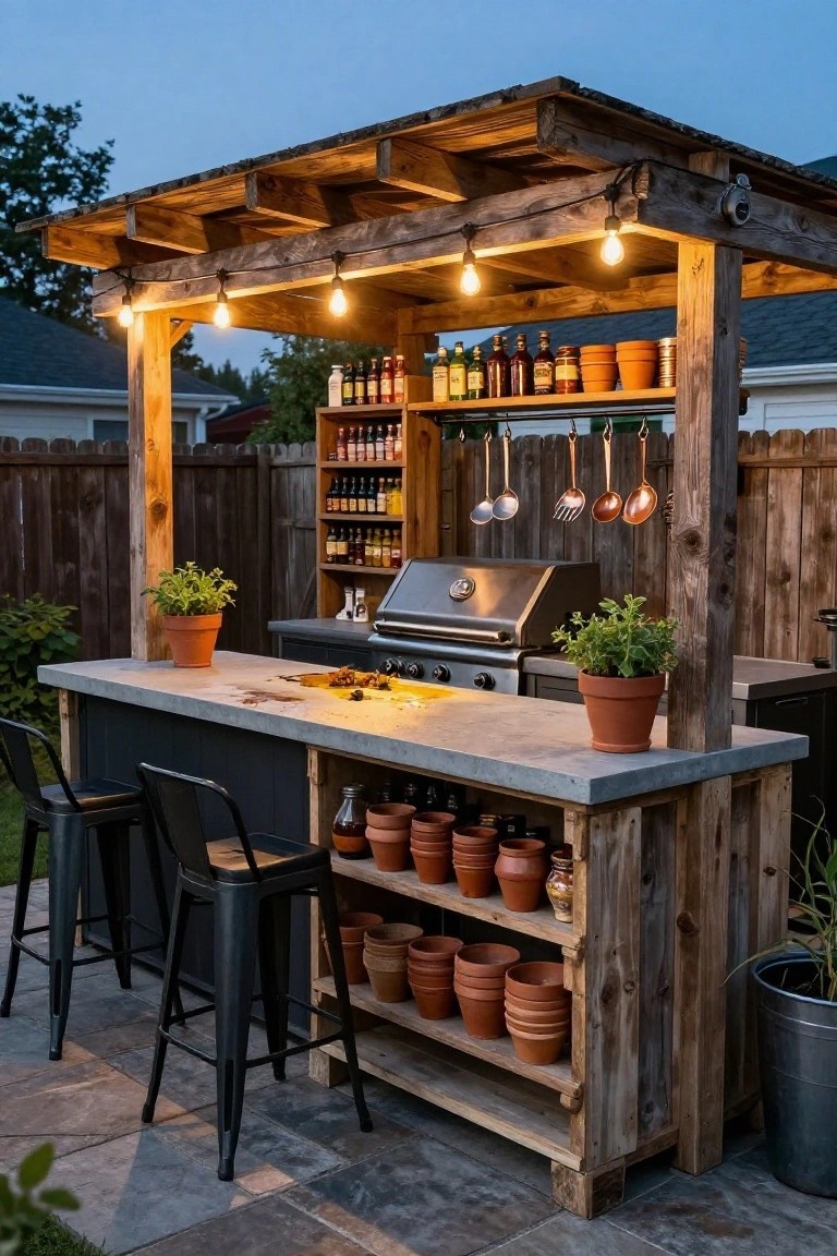 Rustic wooden pergola covering an outdoor bar with concrete countertop, integrated grill, black bar stools, hanging cookware, bottle shelves, potted plants, and wooden privacy fence in backyard at dusk.