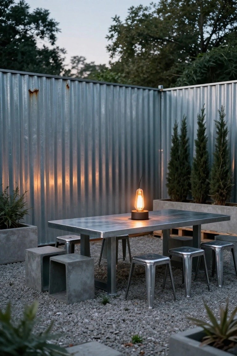 Outdoor dining setup with rectangular metal table and stools on gravel against tall corrugated metal fence, concrete planter boxes, cypress trees, and a lit lantern on the table.