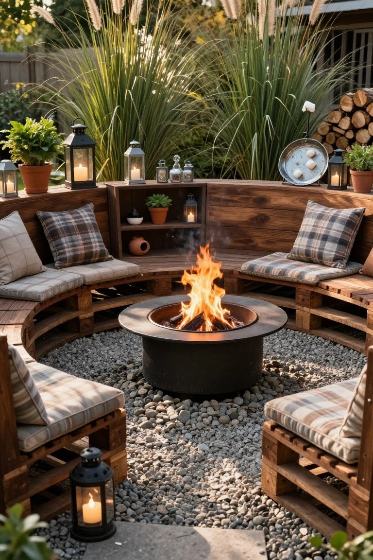 Curved wooden pallet bench seating arranged in a circle around a black metal fire pit on a pebbled patio, with plaid cushions, lanterns, pampas grass, plants, and stacked firewood nearby.