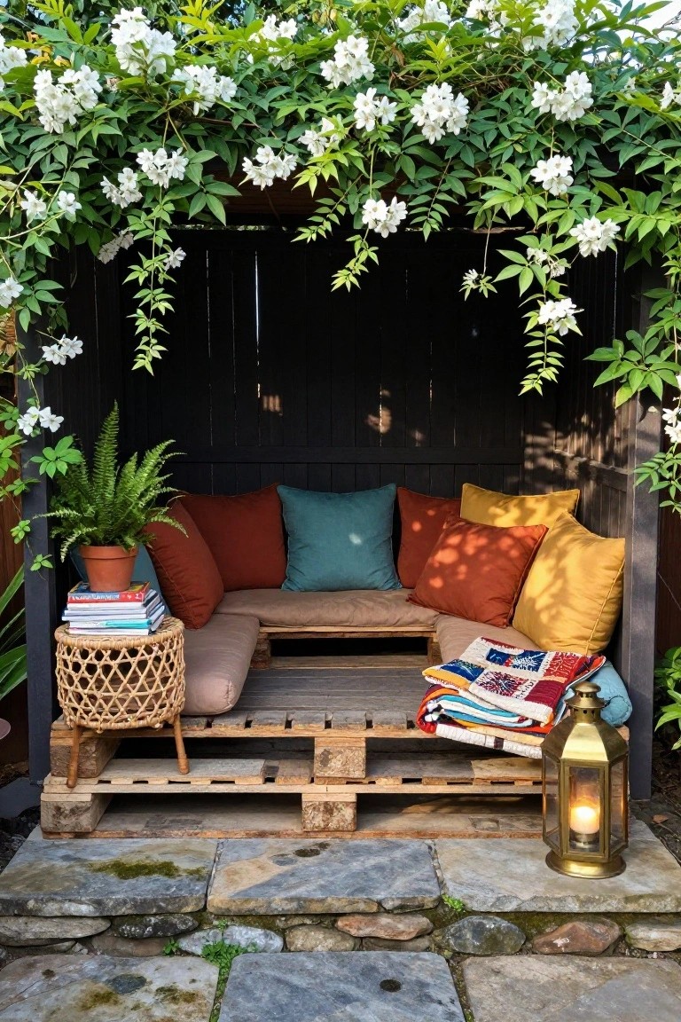 L-shaped outdoor seating built from wooden pallets with colorful cushions, a potted fern, stack of books on a rattan stool, patchwork quilt, and brass lantern inside a black wood frame draped with white flowering vines on a stone patio.
