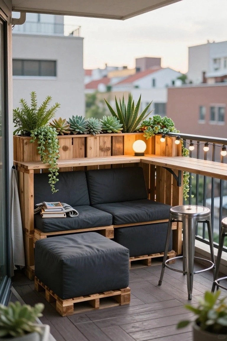 Wooden pallet L-shaped bench with black cushions and ottoman on a balcony, integrated planters with succulents and ferns, a metal bar stool, string lights on the railing, and city view in the background.