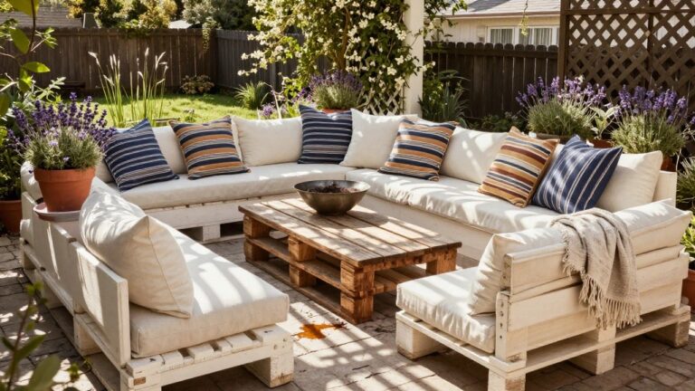 19 Stunning Pallet Patio Furniture Ideas For an Instant Backyard Boost White L-shaped outdoor sectional sofa made from wooden pallets on a tiled patio, with a matching pallet coffee table holding a potted plant, pillows, cushions, and surrounding plants and lattice fence.