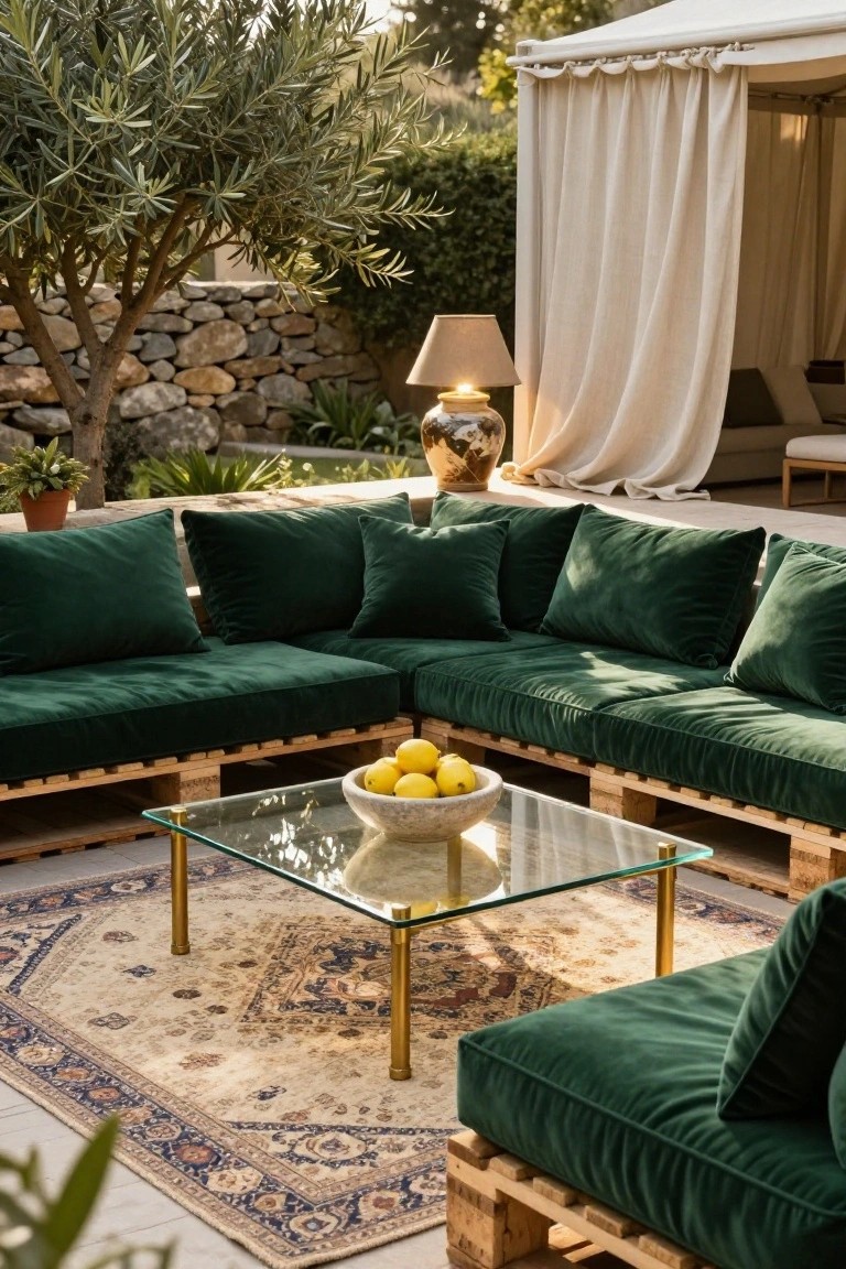 L-shaped outdoor sectional sofa made from wooden pallets with thick green velvet cushions and pillows, low glass coffee table with bowl of lemons, patterned rug, near stone wall, olive tree, potted plants, lamp, and white draped canopy.