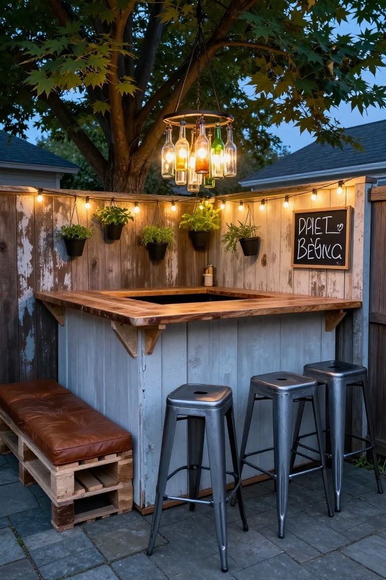 Outdoor backyard bar with wooden countertop, gray weathered wood siding, pallet bench with brown leather cushion, three metal bar stools, hanging plants in black pots, string lights along fence, and chandelier made from upside-down wine bottles hanging from tree branch.
