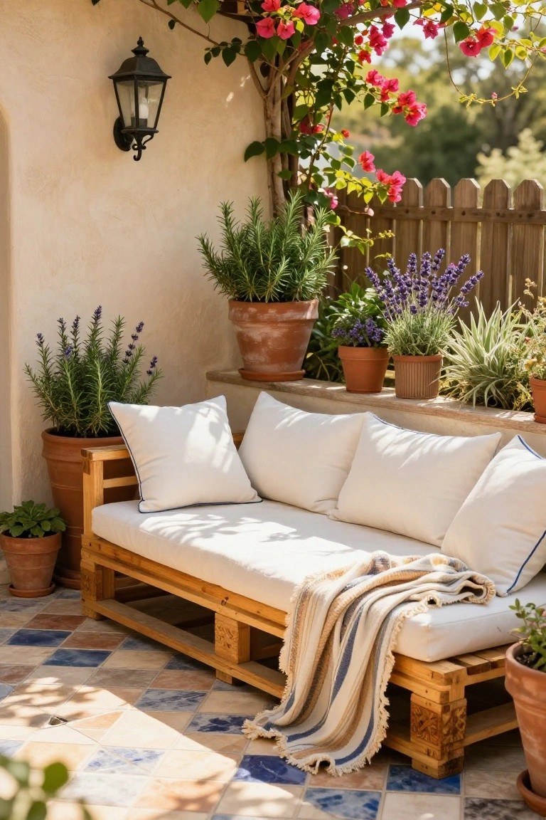 Wooden pallet daybed with white cushions and striped throw blanket on a tiled outdoor patio, surrounded by terracotta pots of lavender, rosemary, and other plants, with bougainvillea vines on beige stucco wall and wooden fence.