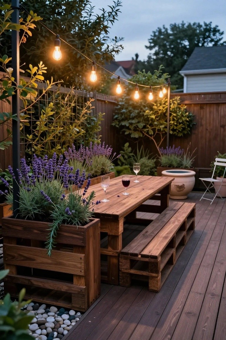 Wooden pallet table and benches on a deck surrounded by lavender plants in pallet boxes, with string lights overhead and a wine glass on the table.
