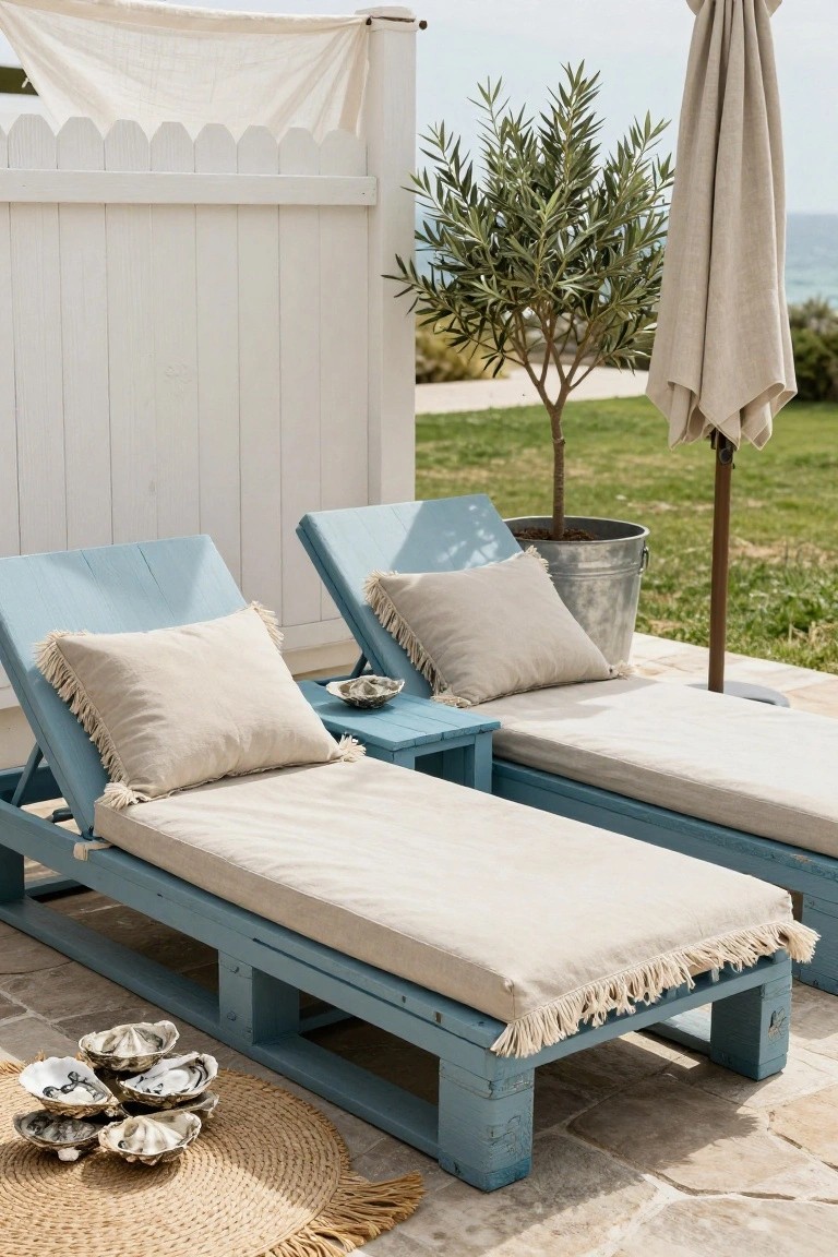 Two blue wooden pallet lounge chairs with beige fringed cushions and pillows on a stone patio, seashells on a round rug nearby, olive tree in metal bucket, beige umbrella, and white picket fence with draped fabric and ocean view in background.