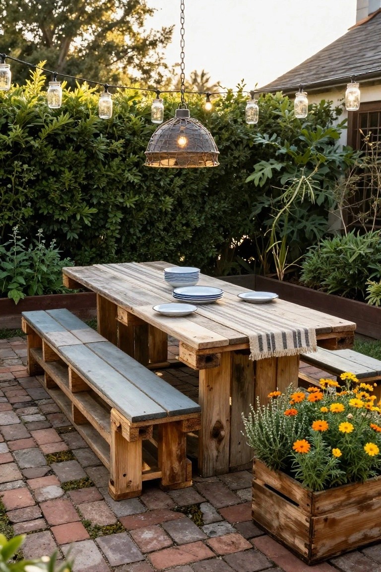 Wooden pallet table and benches on a brick patio, set with white plates and a striped runner, with hanging string lights and potted plants nearby.