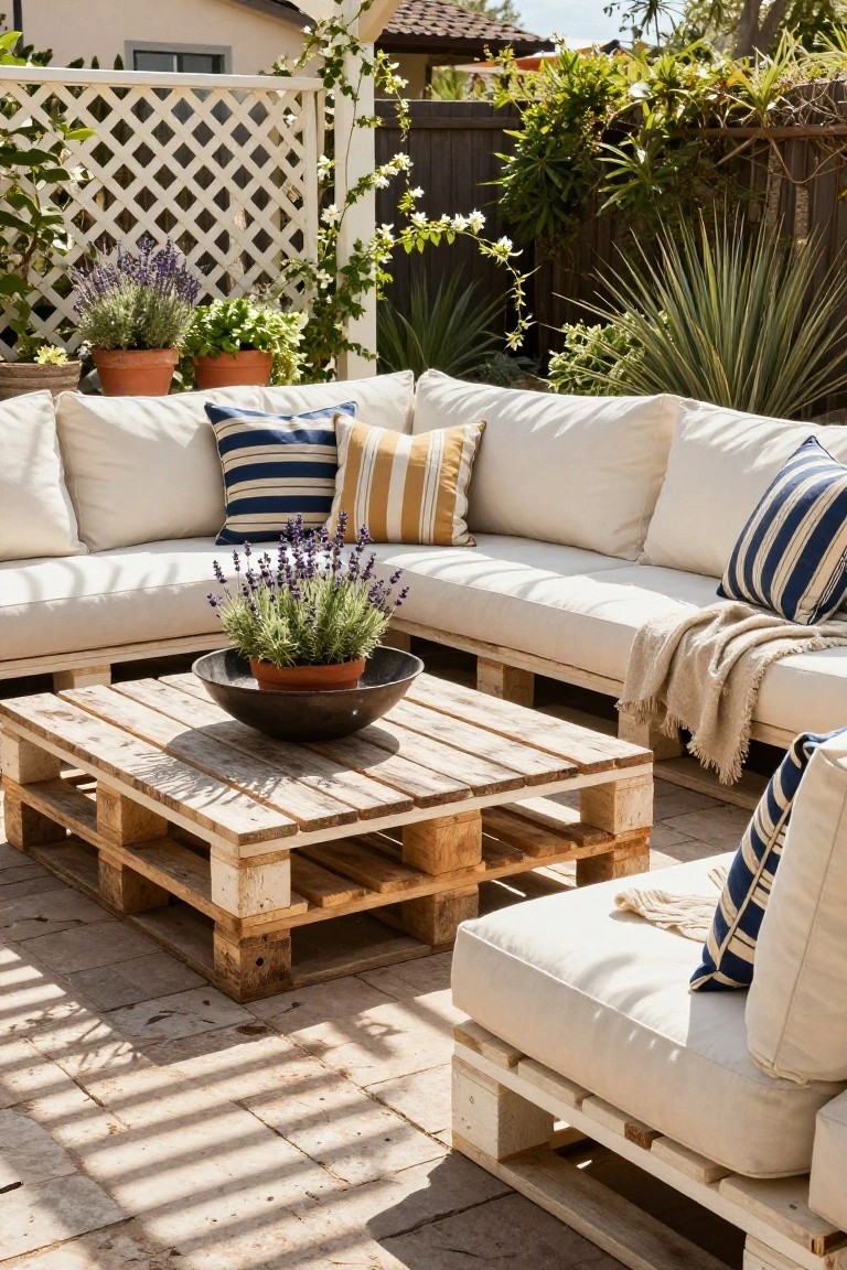 White L-shaped outdoor sectional sofa made from wooden pallets on a tiled patio, with a matching pallet coffee table holding a potted plant, pillows, cushions, and surrounding plants and lattice fence.