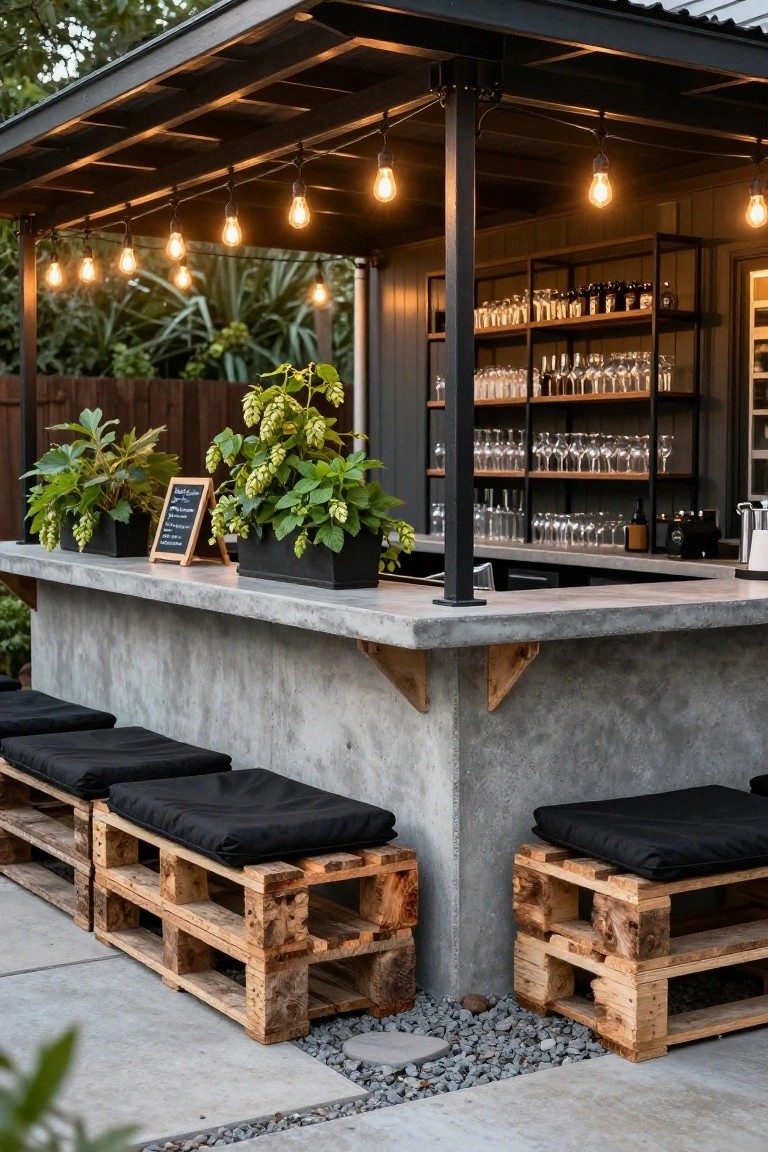 Outdoor concrete bar counter under a covered patio roof with black pallet stools topped by cushions, potted plants on the bar, shelves of glassware behind, and string lights hanging above.