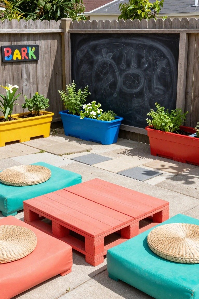 Wooden pallet painted red used as a low table on a paved patio, surrounded by turquoise and orange floor cushions topped with round woven mats, with colorful plant pots and a chalkboard fence nearby.