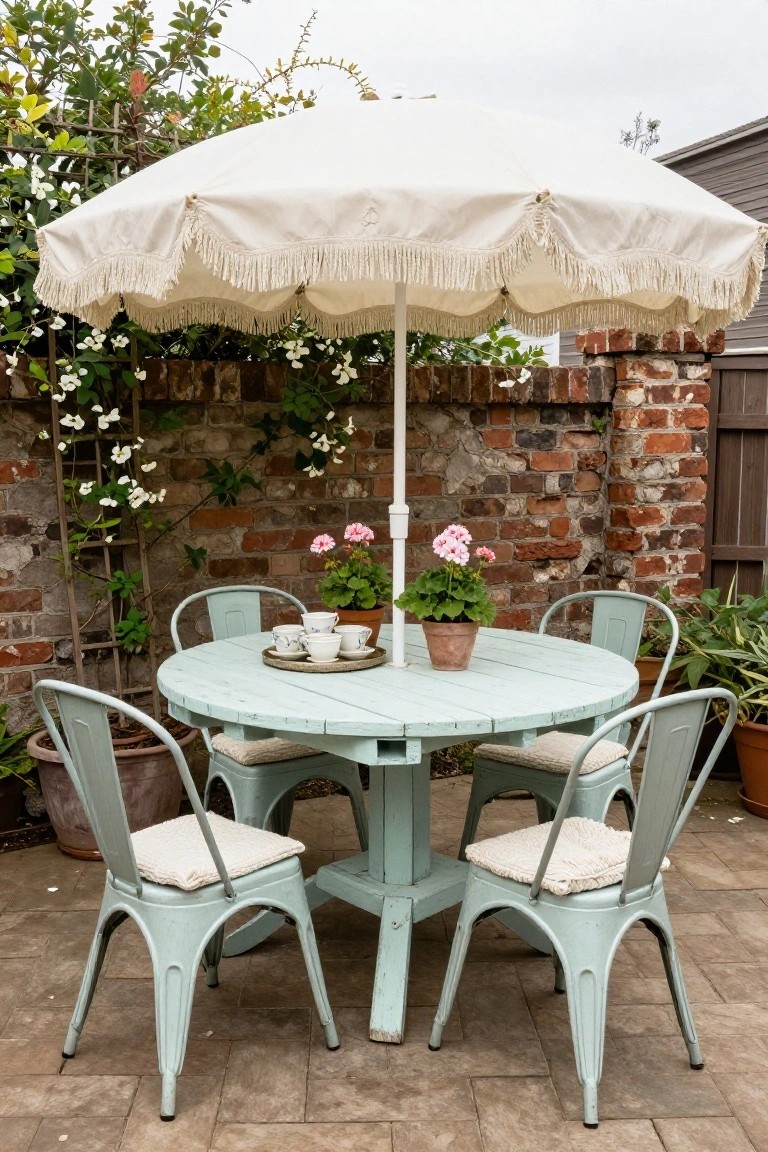 Round mint green wooden pallet table on a paved patio with four pale green metal chairs with cushions, white fringed umbrella overhead, potted pink geraniums, and climbing plants against a brick wall.