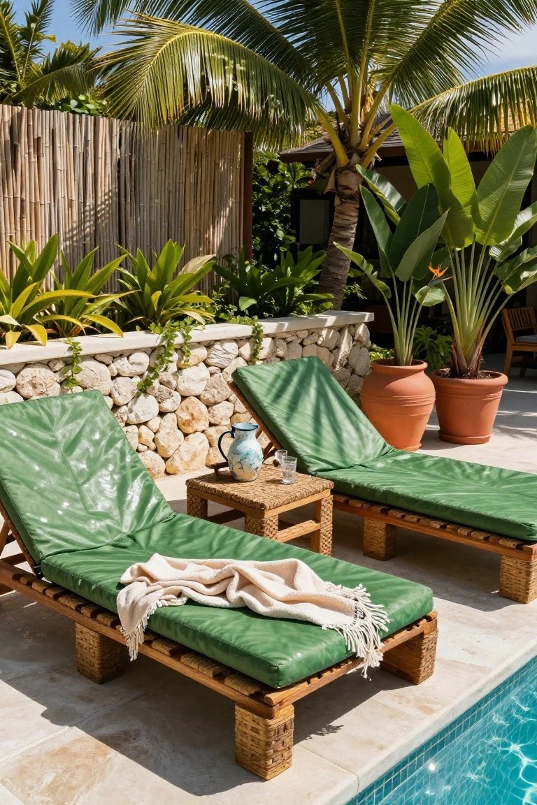 Two green cushioned wooden lounge chairs on rattan-wrapped pallet bases with a small woven table between them, positioned next to a pool amid tropical plants, stone walls, and bamboo fencing.