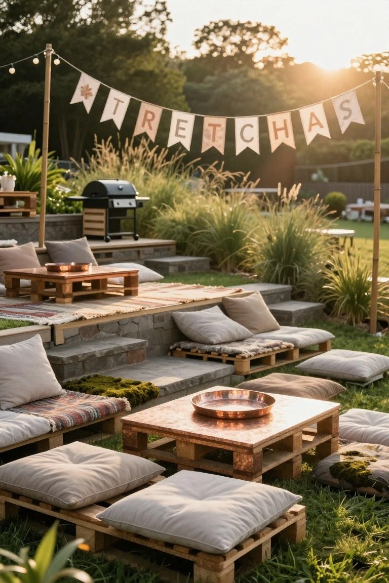 Wooden pallet platforms topped with beige cushions and pillows arranged on stone terrace steps in a grassy backyard with potted plants, string lights, and a banner overhead.