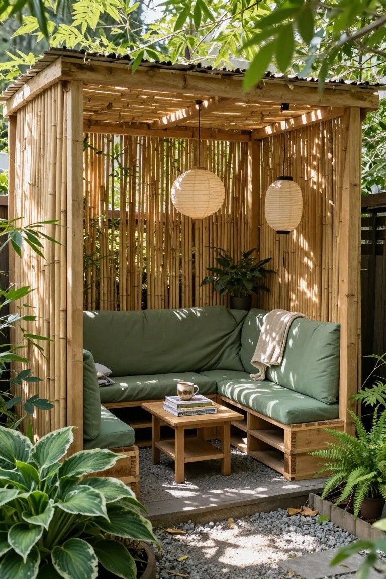 A small outdoor pavilion enclosed by vertical bamboo poles with a corrugated metal roof, containing a green cushioned L-shaped pallet couch, wooden pallet table with books and mug, hanging paper lanterns, potted plants, and surrounding greenery on a gravel patio.